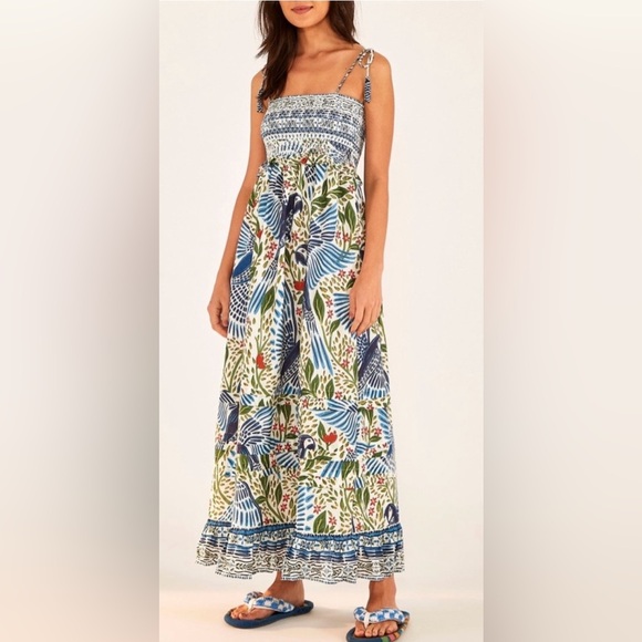 FARM Rio Off-White Macaw Flight Smocked Maxi Dress SZ L NWOT - Picture 8 of 13